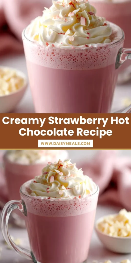 Strawberry Hot Chocolate: The Ultimate Creamy & Cozy Drink 4 A cozy mug of creamy strawberry hot chocolate topped with whipped cream and a fresh strawberry, ready to be shared on Pinterest.