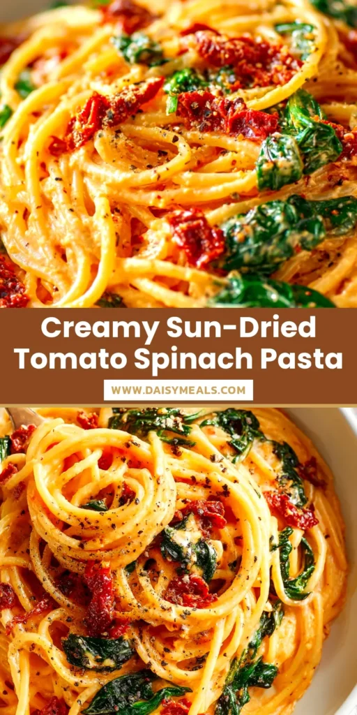 A top-down view of a skillet filled with creamy sun-dried tomato cream sauce, tossed with penne pasta and garnished with fresh basil. A wooden spoon rests in the skillet.