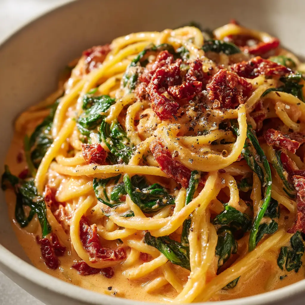 Another perspective of spaghetti tossed in a creamy sun-dried tomato sauce, highlighting the specks of herbs and tomato pieces throughout the dish, served in a white bowl.