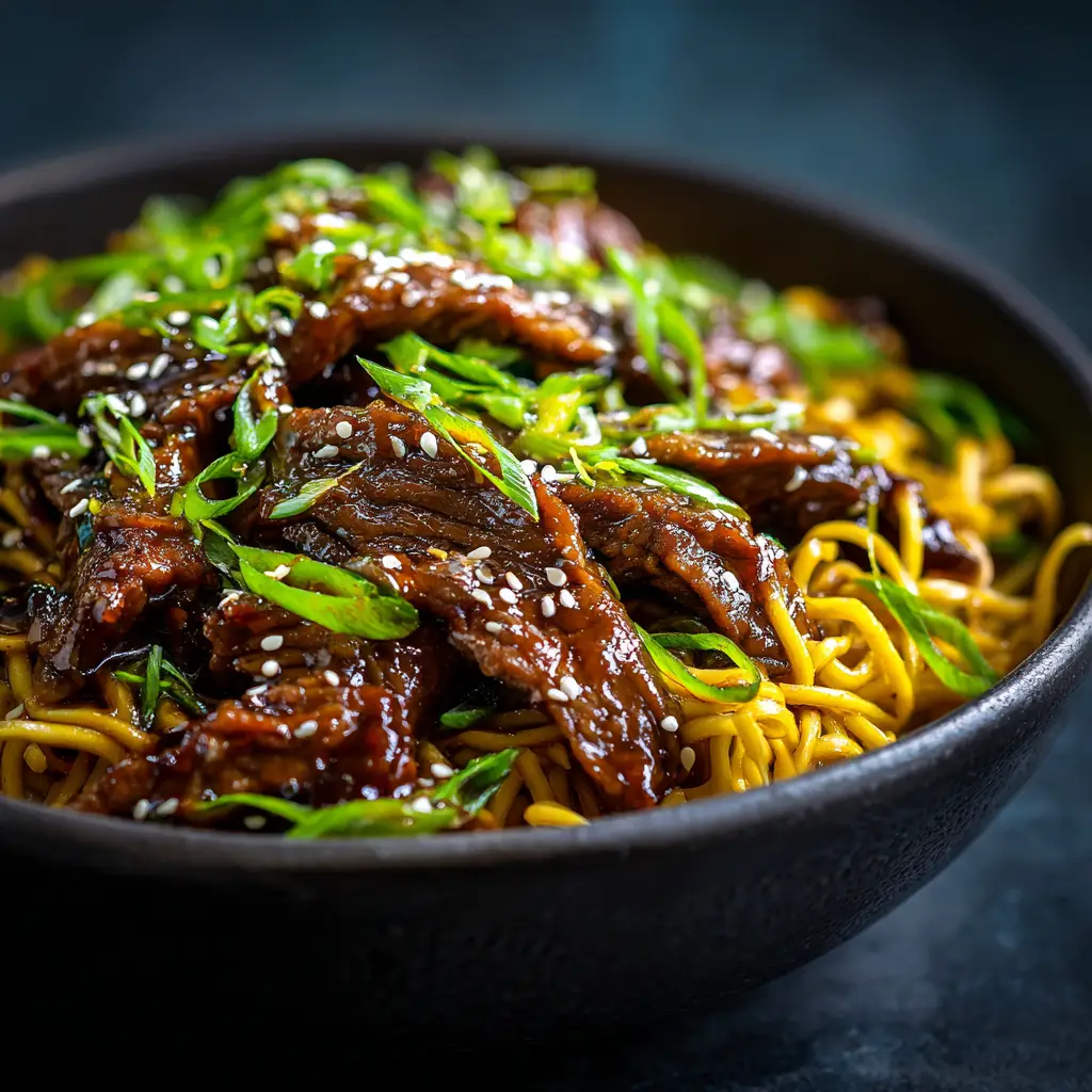 A spoonful of sweet and spicy beef noodles being lifted from a bowl, showcasing the sticky sauce clinging to the noodles.