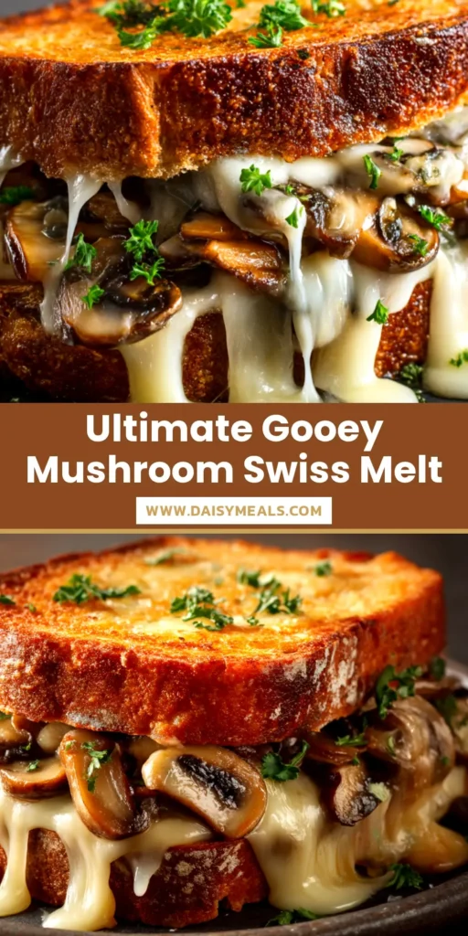 Swiss Mushroom Melt: The Ultimate Diner-Style Recipe 3 A perfectly grilled Swiss Mushroom Melt sandwich cut in half, revealing gooey melted Swiss cheese, a juicy beef patty, and savory sautéed mushrooms on toasted bread.