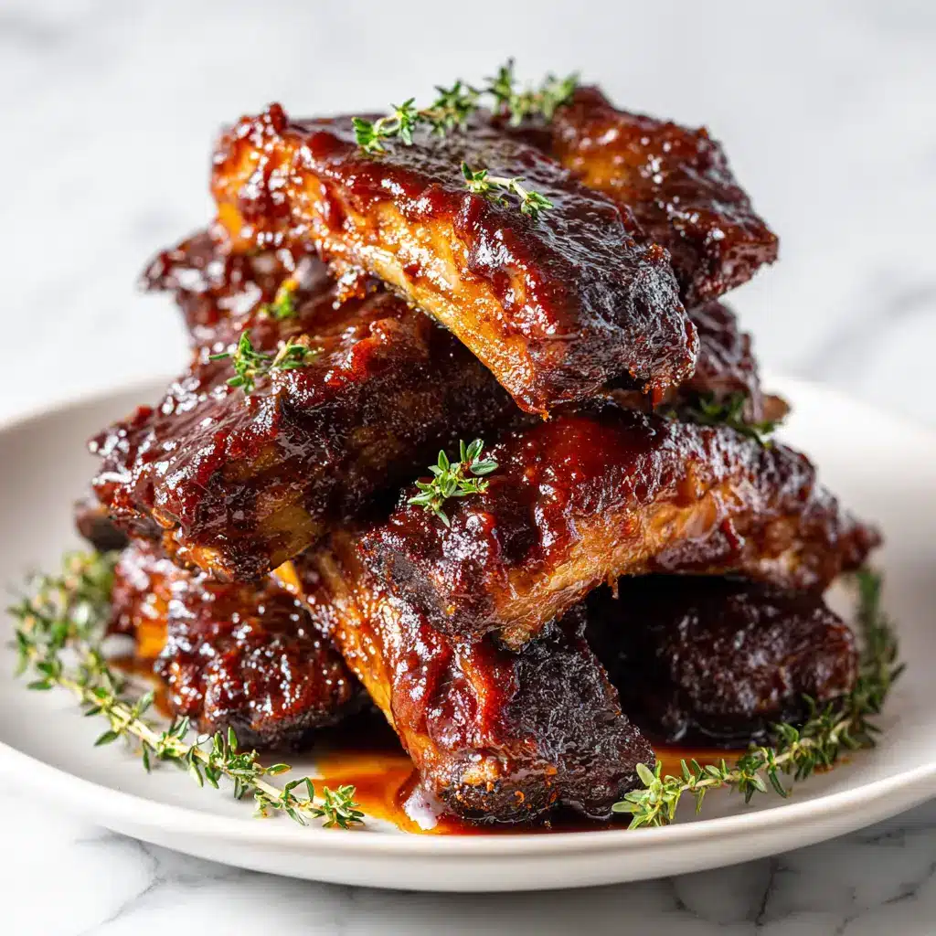 A baking dish filled with oven roasted country style pork ribs, glistening with a caramelized BBQ sauce glaze.