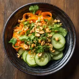 A close-up overhead shot of a vibrant Thai cucumber salad. You can see the thinly sliced cucumbers, red onion, and fresh cilantro.