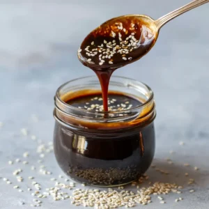A vintage spoon lifting thick, glossy Japanese teriyaki sauce from a small ceramic bowl, showcasing its perfect consistency.
