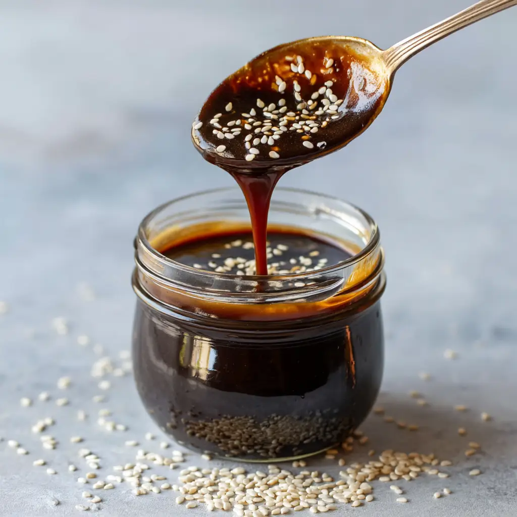 A vintage spoon lifting thick, glossy Japanese teriyaki sauce from a small ceramic bowl, showcasing its perfect consistency.