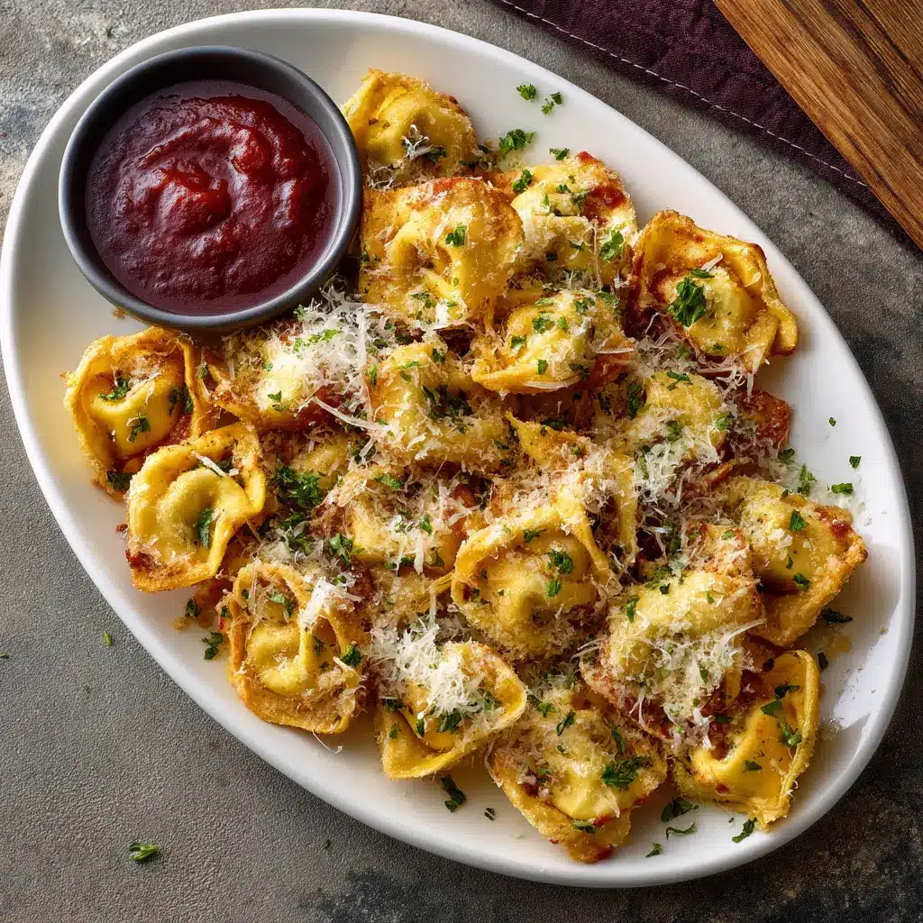 An overhead view of a batch of toasted tortellini, golden and crisp after being cooked in the air fryer.