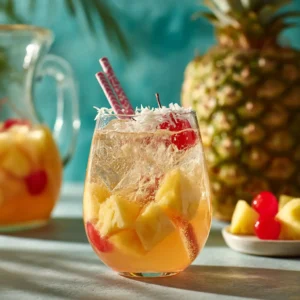 A close-up of a wine glass filled with tropical Pineapple Sangria, showing the fresh pineapple chunks and a slice of lime.