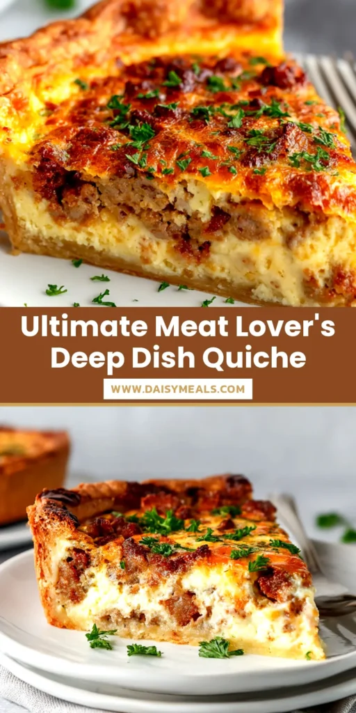 A golden-brown meat lovers quiche in a pie dish, with a slice removed to show the inside packed with bacon, sausage, and ham. The perfect hearty breakfast recipe.
