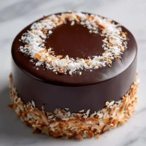 A whole homemade chocolate coconut cake, beautifully frosted with creamy coconut frosting and garnished with shredded coconut, sitting on a cake stand.