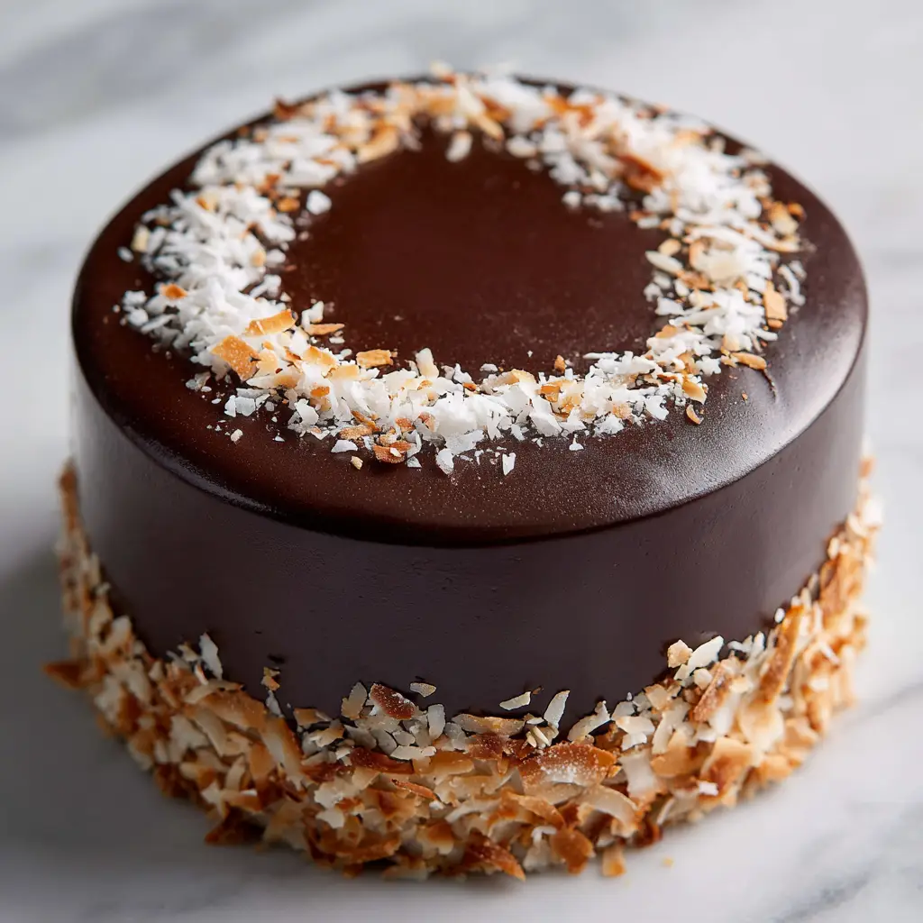 A whole homemade chocolate coconut cake, beautifully frosted with creamy coconut frosting and garnished with shredded coconut, sitting on a cake stand.