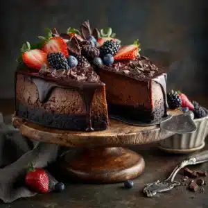 A whole, freshly baked dark chocolate cheesecake sitting on a kitchen counter, ready to be chilled. This rich chocolate cheesecake has a perfect, crack-free surface.