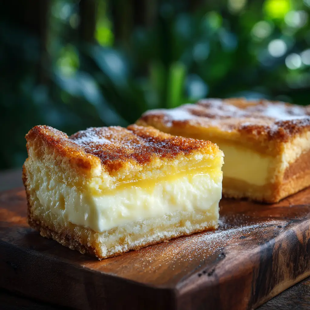 A rustic, whole lemon magic cake sitting on a wooden board, garnished with fresh lemon slices and a dusting of powdered sugar.
