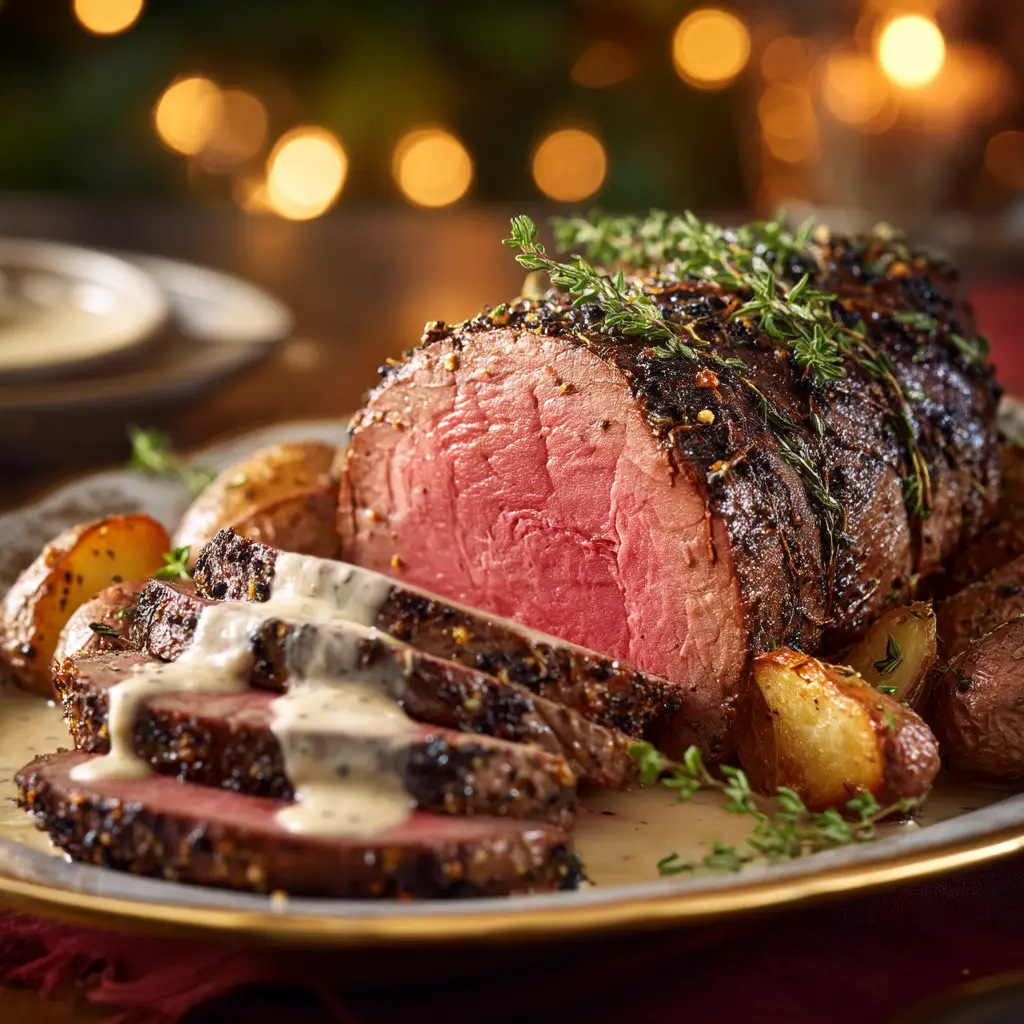 A whole roasted beef tenderloin resting on a cutting board, showcasing a perfect dark-brown seared crust before being sliced.
