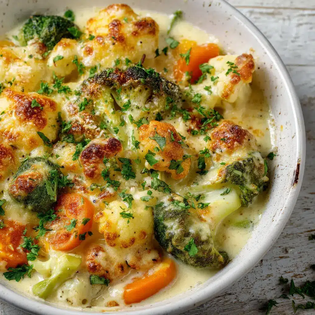 The winter vegetable casserole being assembled in a baking dish before going into the oven, showing the roasted vegetables being mixed with the rich cheese sauce.