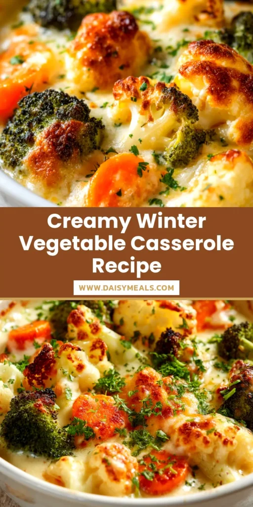 A delicious and cozy winter vegetable casserole in a white baking dish, topped with golden-brown breadcrumbs. The casserole is filled with colorful roasted root vegetables in a creamy cheese sauce.