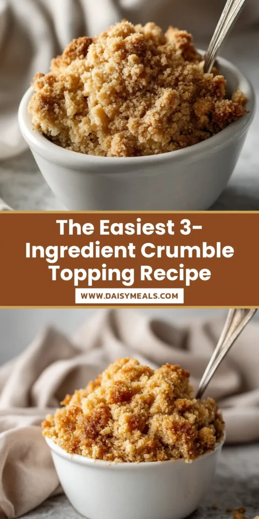 An overhead shot of a golden-brown 3-ingredient crumble topping in a white bowl, ready to be used for dessert recipes.