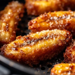 A macro shot showing the bubbly, caramelized texture of air-fried bananas with a cinnamon-sugar coating.