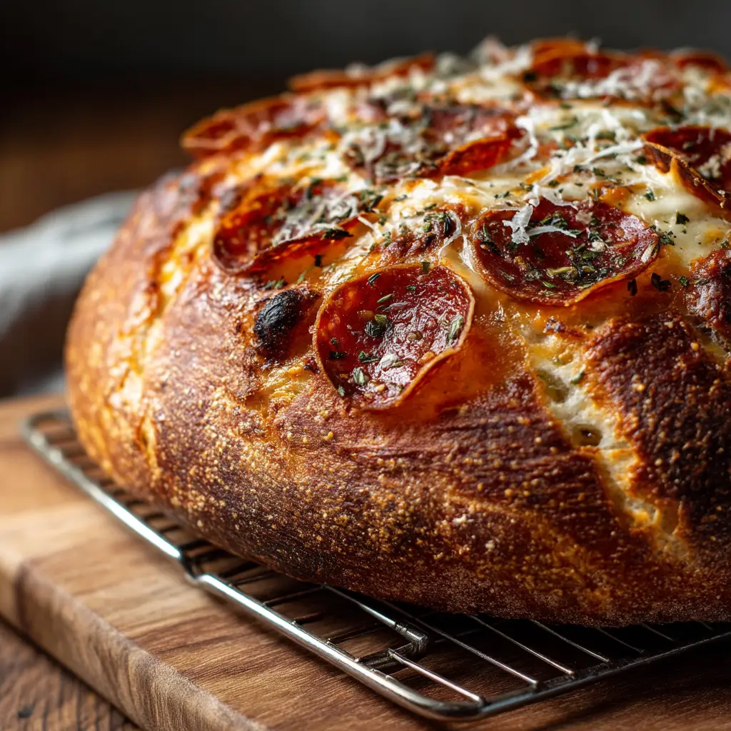 Pepperoni Pizza Sourdough Bread: The Ultimate Cheesy Loaf 2 A whole artisan loaf of savory sourdough bread studded with pepperoni, resting on a rustic wooden surface before being sliced.