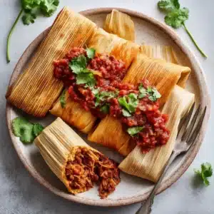 A close-up of three freshly made pork tamales on a rustic plate, illustrating the tender texture from this easy tamale recipe.