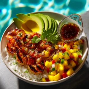 A close-up shot of the avocado shrimp salad, highlighting the perfectly cooked shrimp and creamy avocado chunks.