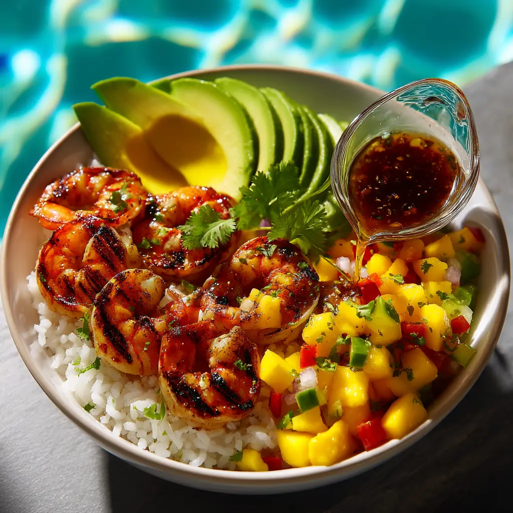 A close-up shot of the avocado shrimp salad, highlighting the perfectly cooked shrimp and creamy avocado chunks.