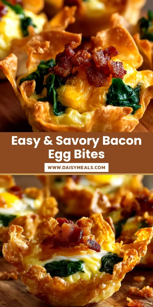 A close-up overhead shot of perfectly baked bacon and spinach egg bites in a muffin tin, ready to be served. A healthy and easy breakfast meal prep idea.