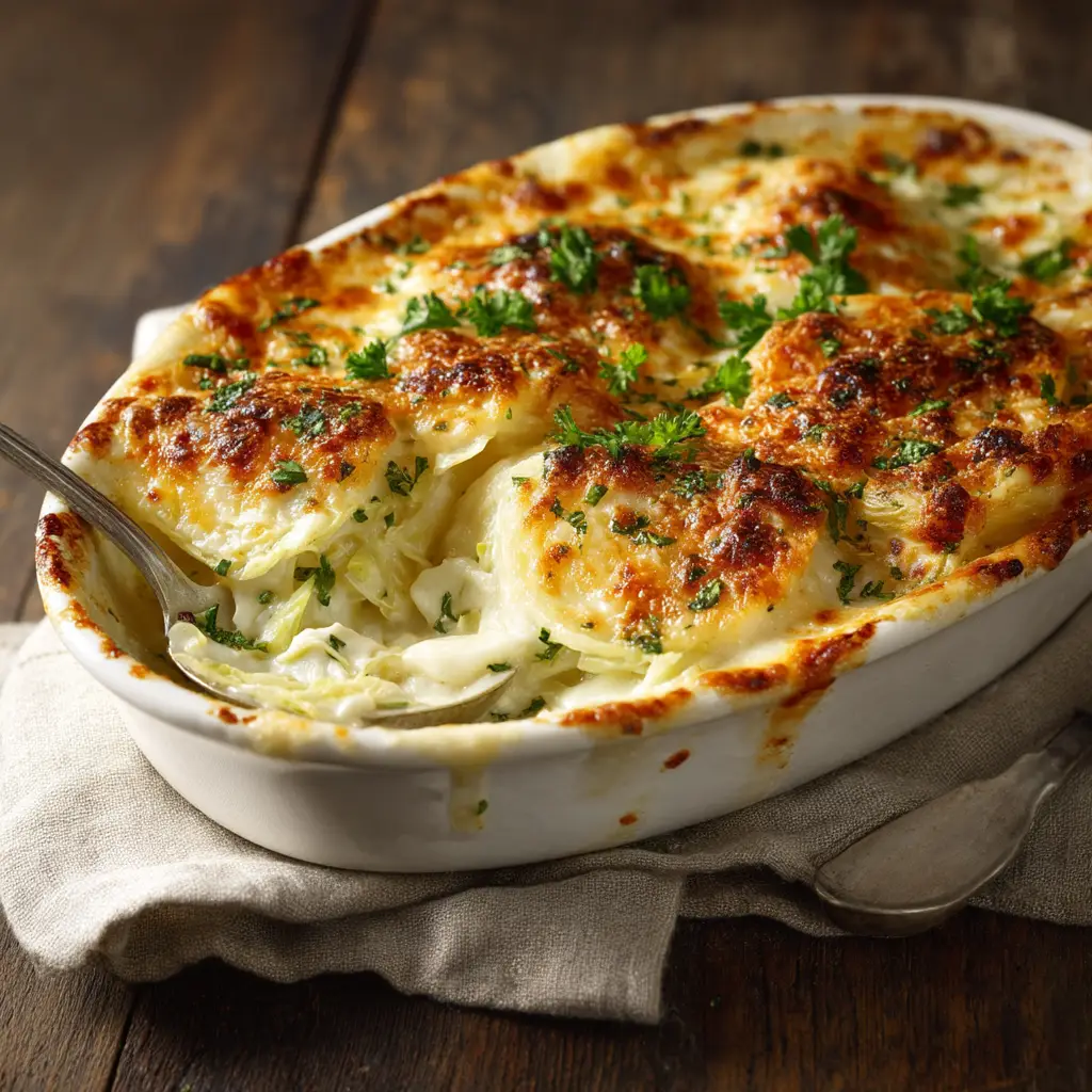 The Cheesy Cabbage Gratin in a rustic white baking dish before being served, with a serving spoon ready to scoop.