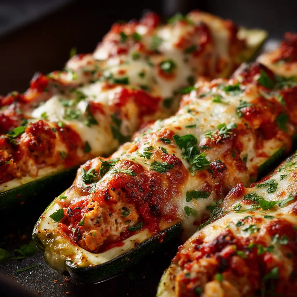A beautiful overhead shot of healthy chicken parmesan zucchini boats fresh out of the oven in a baking dish, showcasing the bubbly, golden cheese.
