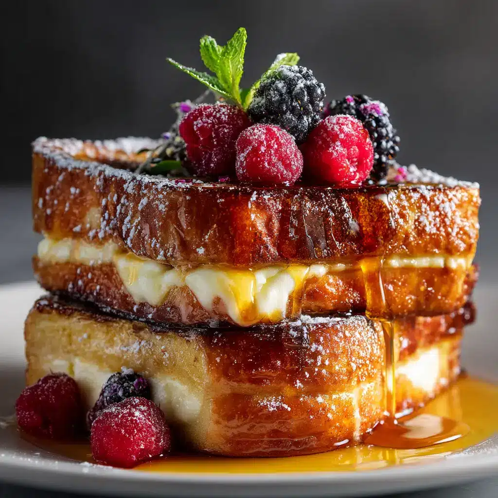 A stack of two thick-cut slices of baked Crème Brûlée French Toast, showcasing the golden-brown custard-soaked bread before the sugar topping is added.