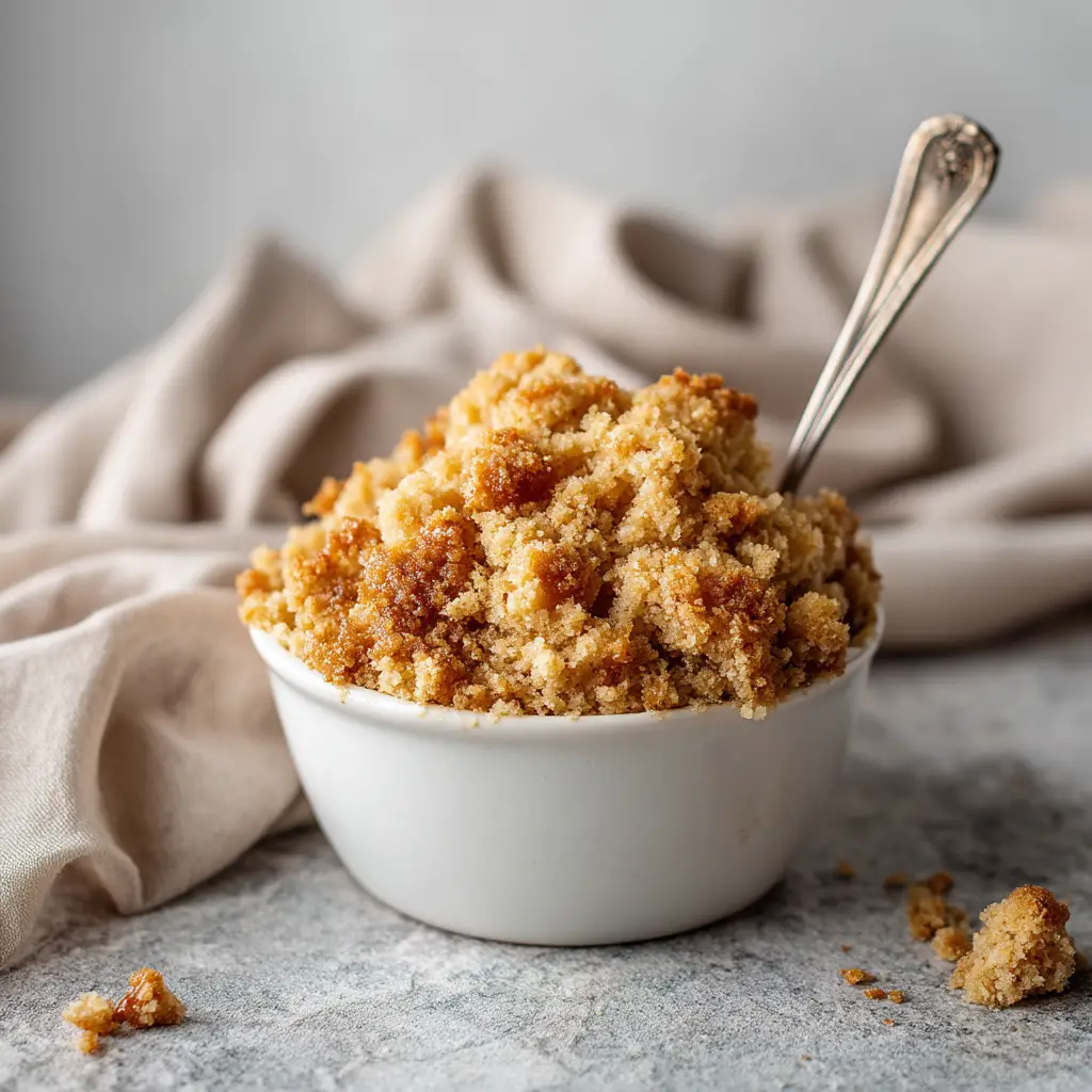 A close-up of the baked 3-ingredient crumble topping, showing its crispy, golden-brown texture on top of a fruit crisp.