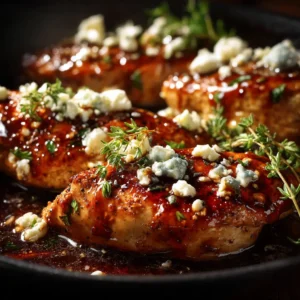 A close-up shot of baked feta chicken, showing the creamy texture of the feta cheese and the golden-brown crust on the chicken.