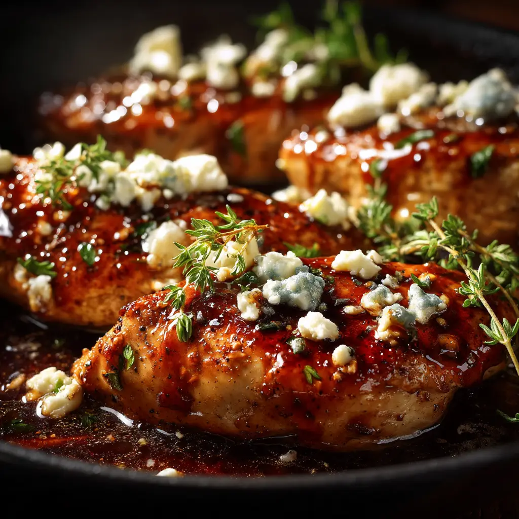A close-up shot of baked feta chicken, showing the creamy texture of the feta cheese and the golden-brown crust on the chicken.