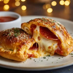 Two perfectly baked homemade pizza pockets resting on a white ceramic plate, ready to be enjoyed. The crust is golden and flaky.
