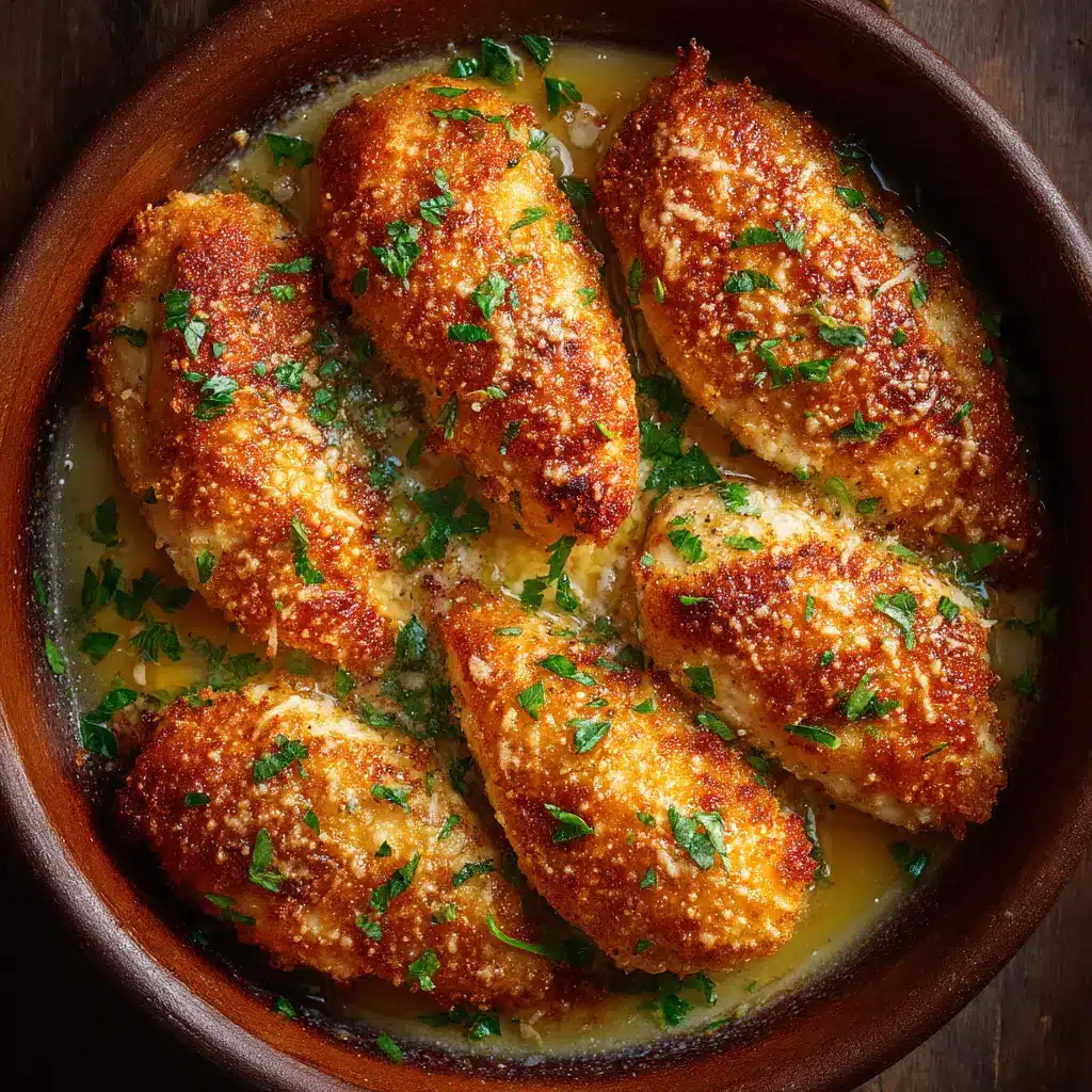 An overhead shot of several pieces of baked Parmesan Crusted Chicken arranged on a serving platter, ready to be served.