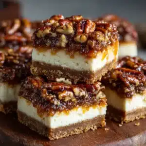 A pan of freshly baked pecan pie cheesecake bars, showing the golden-brown pecan topping before being sliced.
