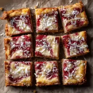 An overhead flat lay of freshly baked raspberry coconut magic bars in a baking pan, showing the golden toasted coconut topping and vibrant red raspberries.