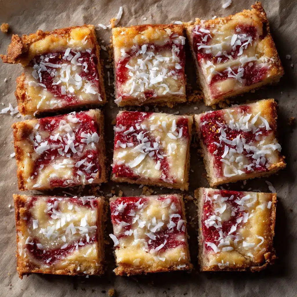 An overhead flat lay of freshly baked raspberry coconut magic bars in a baking pan, showing the golden toasted coconut topping and vibrant red raspberries.