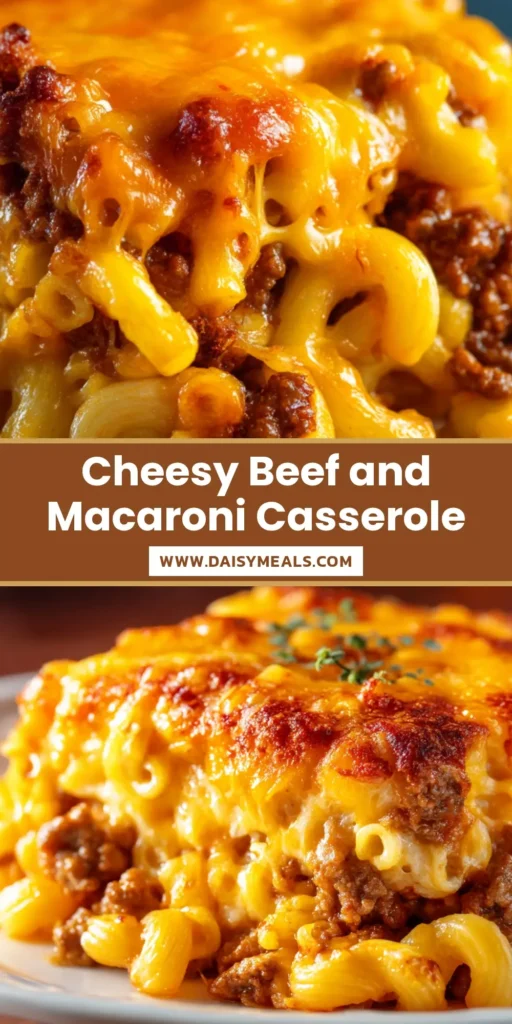 Beef Macaroni Casserole (The Ultimate Cheesy & Easy Recipe) 4 An overhead shot of a cheesy beef macaroni casserole in a white baking dish, with a serving spoon taking a scoop. The perfect easy weeknight dinner.