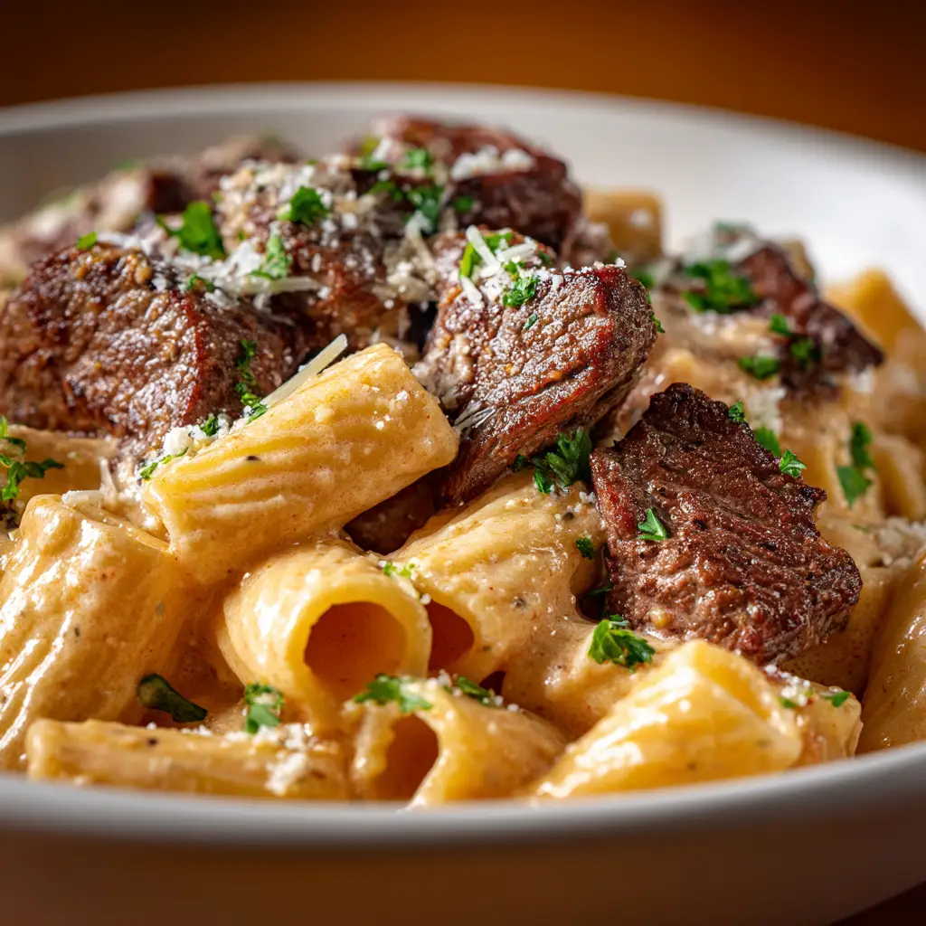 An overhead view of the Cajun Steak and Pasta, showing the tender pieces of steak and penne pasta mixed in the spicy cream sauce.
