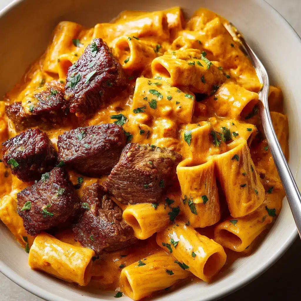 A serving of Cajun steak and rigatoni pasta on a plate, ready to be eaten. The steak is perfectly seared and tender.