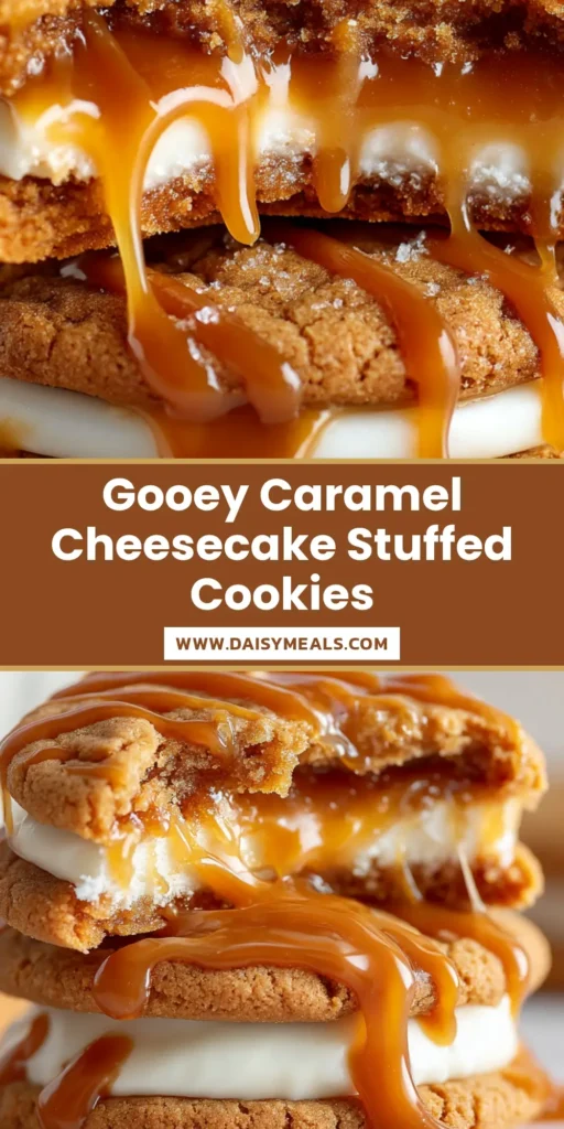 A platter of delicious, golden-brown Caramel Cheesecake Cookies, with one broken open to show the gooey caramel and creamy cheesecake filling.