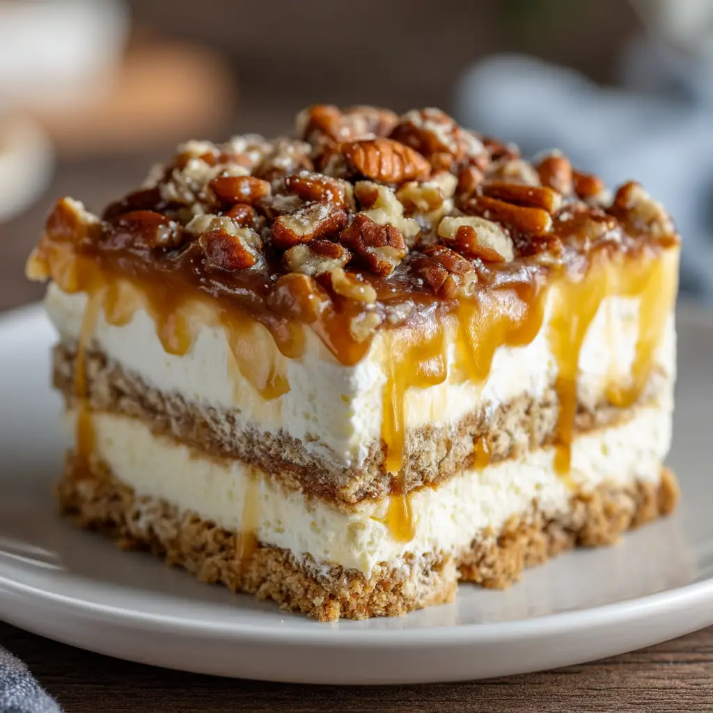 A beautiful shot of the caramel pecan dessert being served, with a fork gently breaking into the layers. The focus is on the rich, gooey pecan topping.