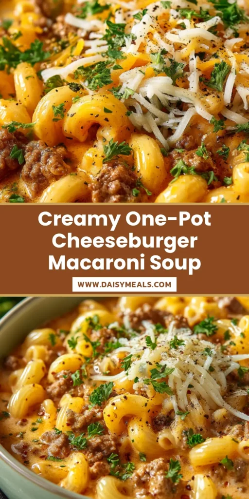 Cheeseburger Macaroni Soup: The Ultimate One-Pot Comfort Meal 4 A large white bowl filled with creamy Cheeseburger Macaroni Soup, topped with shredded cheddar cheese and fresh parsley. A spoon is resting in the bowl.