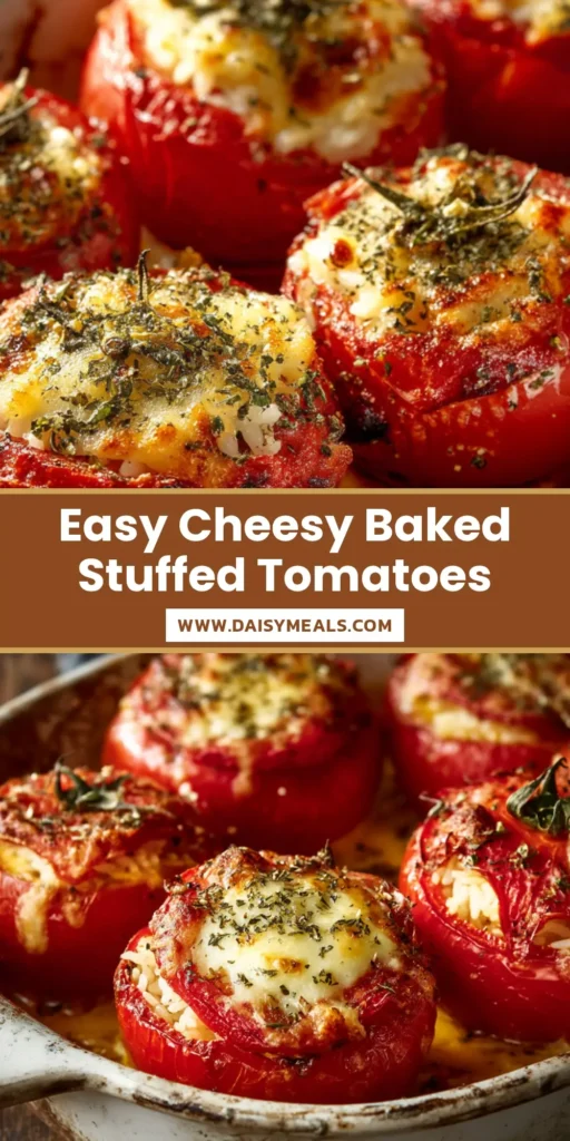 A close-up of Cheesy Baked Stuffed Tomatoes in a white baking dish, with golden-brown bubbly cheese topping and garnished with fresh herbs.