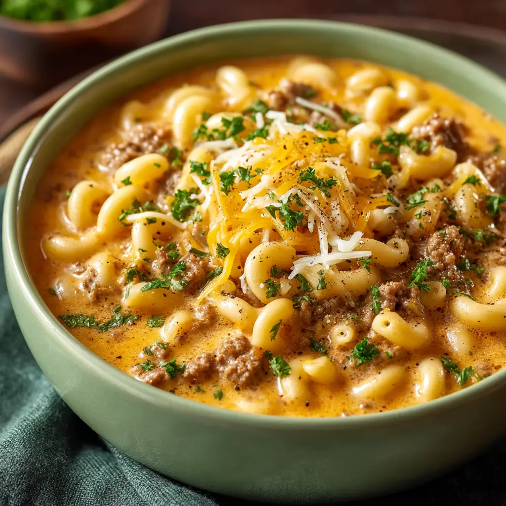 Cheeseburger Macaroni Soup: The Ultimate One-Pot Comfort Meal 1 A pot of cheesy beef macaroni soup simmering on a stovetop, with steam rising from the surface.