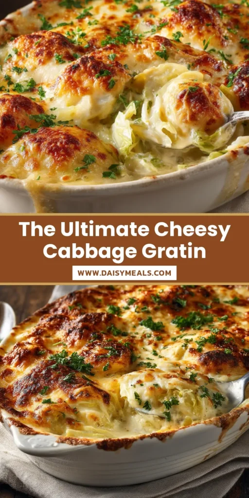 A close-up overhead shot of a delicious Cheesy Cabbage Gratin in a white baking dish. The gratin has a perfectly golden-brown, bubbly cheese crust.