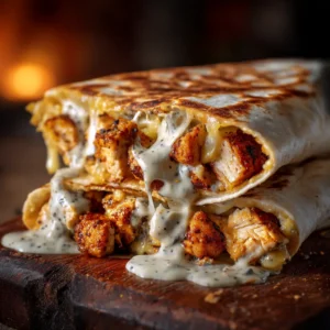 An extreme close-up shot of two thick cheesy garlic chicken wraps, showcasing the perfectly melted cheese and golden tortilla.