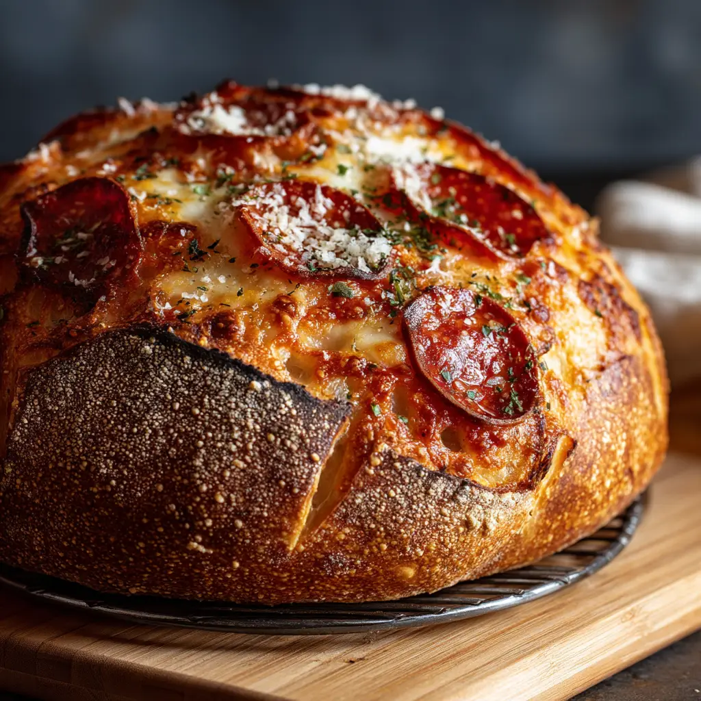 Pepperoni Pizza Sourdough Bread: The Ultimate Cheesy Loaf 1 A cross-section view of the cheesy pepperoni pizza sourdough bread, showing the open crumb structure and even distribution of fillings.