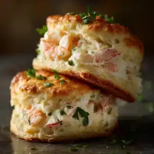 A close-up view of a single cheesy seafood melt, showcasing the golden-brown topping and flaky biscuit.