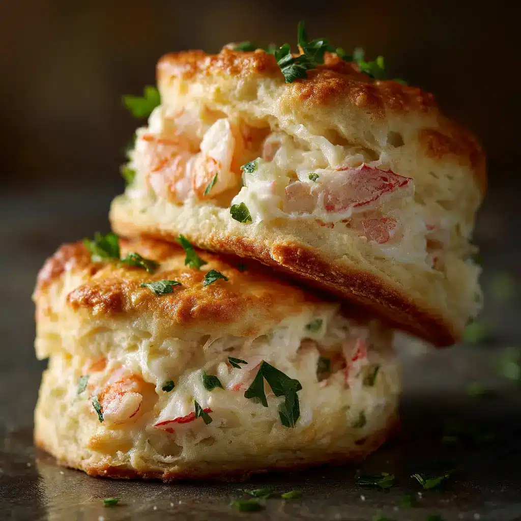 A close-up view of a single cheesy seafood melt, showcasing the golden-brown topping and flaky biscuit.